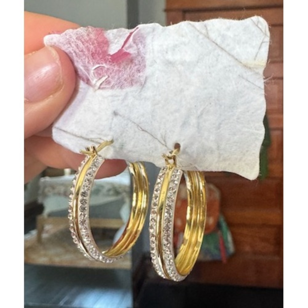 Gold Tone Triple Row Crystal Pavé Hoop Earrings Round Latch Back Glam Jewelry